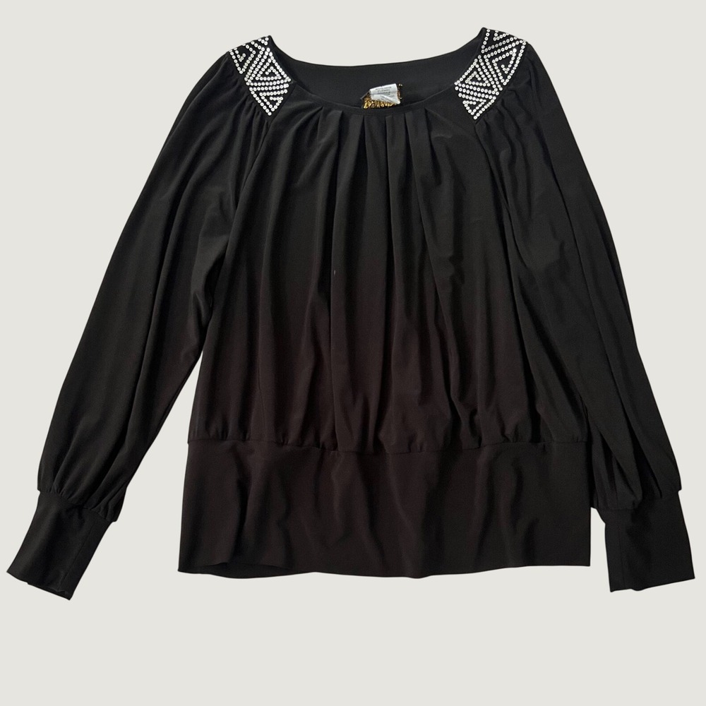 Bob Mackie Blouse Black Studded Geometric Pleated Long Sleeve